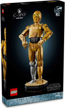Load image into Gallery viewer, LEGO C-3PO figure with packaging and display stand on a white background