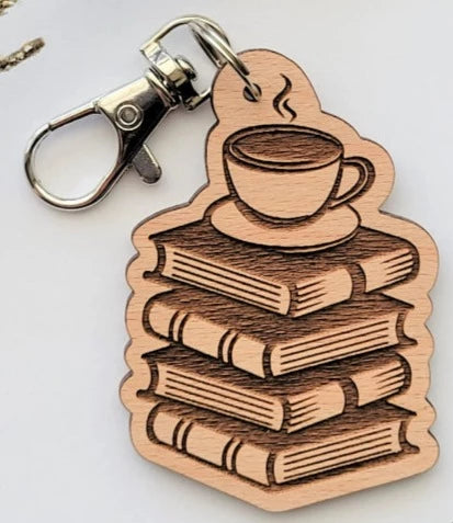 Books and Coffee Wooden Keychain