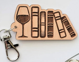 Book and Wine Wooden Keychain